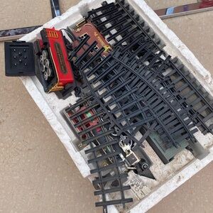 Black and Red LEGO Train Track Art Installation